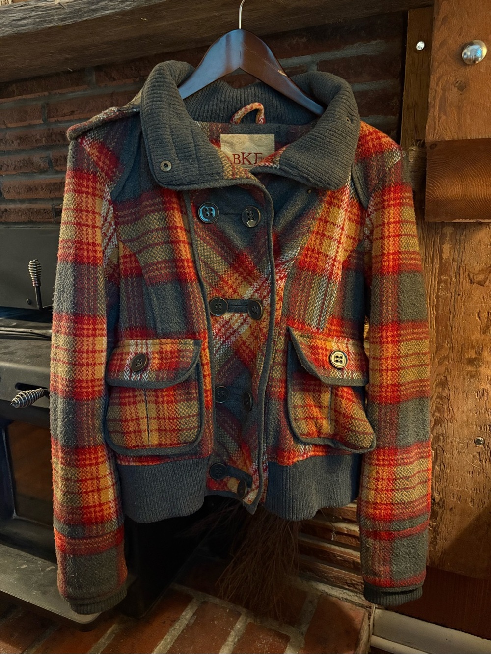 BKE Plaid Pea Coat in Red and Gray
